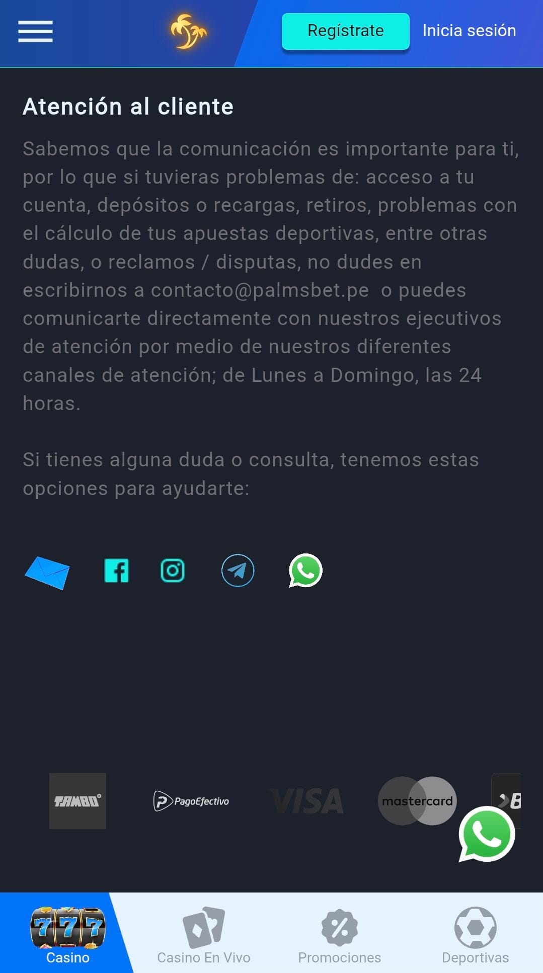 Palmsbet Contacto