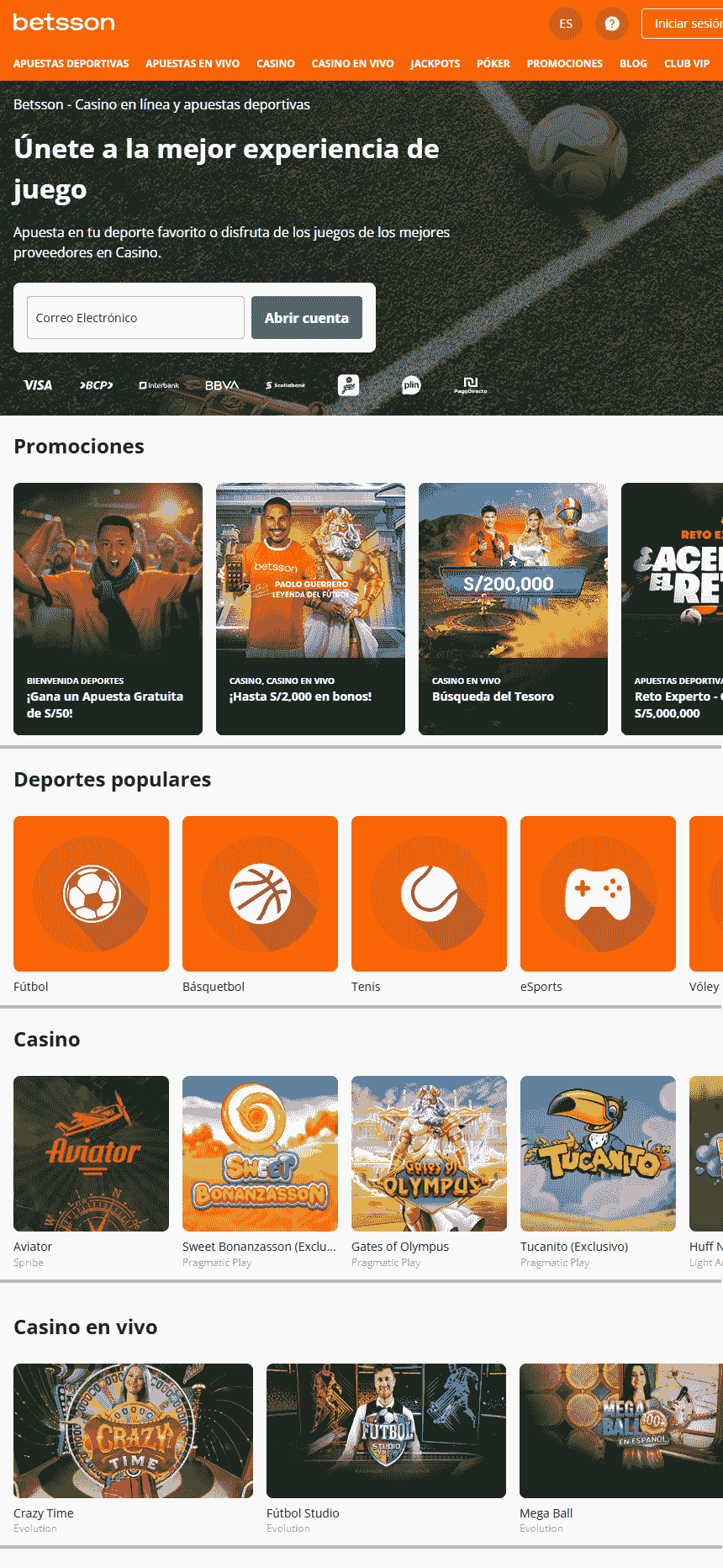 Página de inicio de Betsson móvil