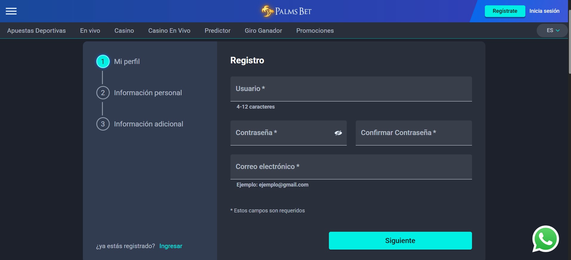 Palmsbet Registro