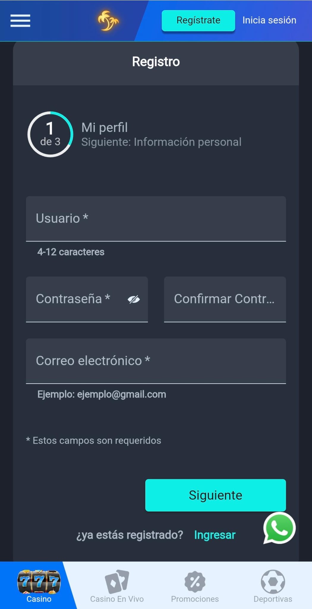 Palmsbet Registro