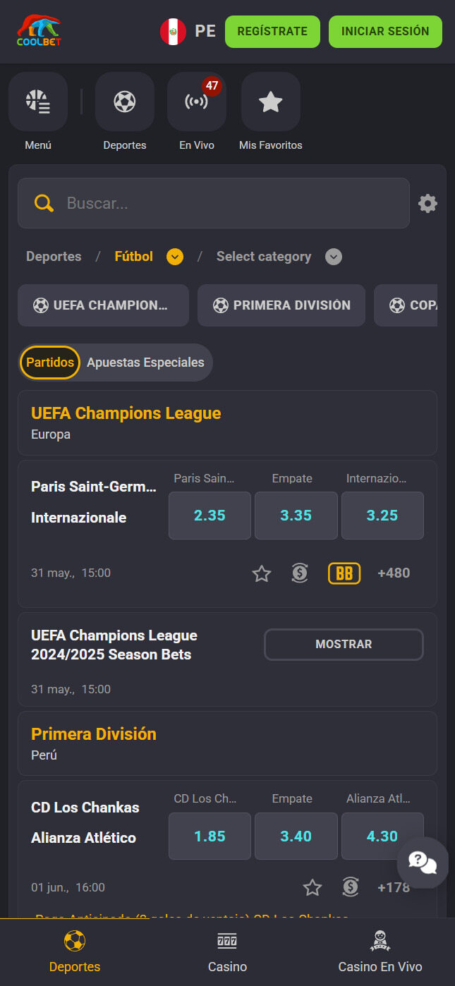 Apuestas de fútbol Coolbet móvil