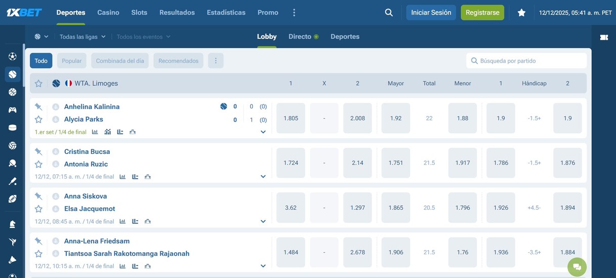 1xbet Peru Apuestas de Tenis pc