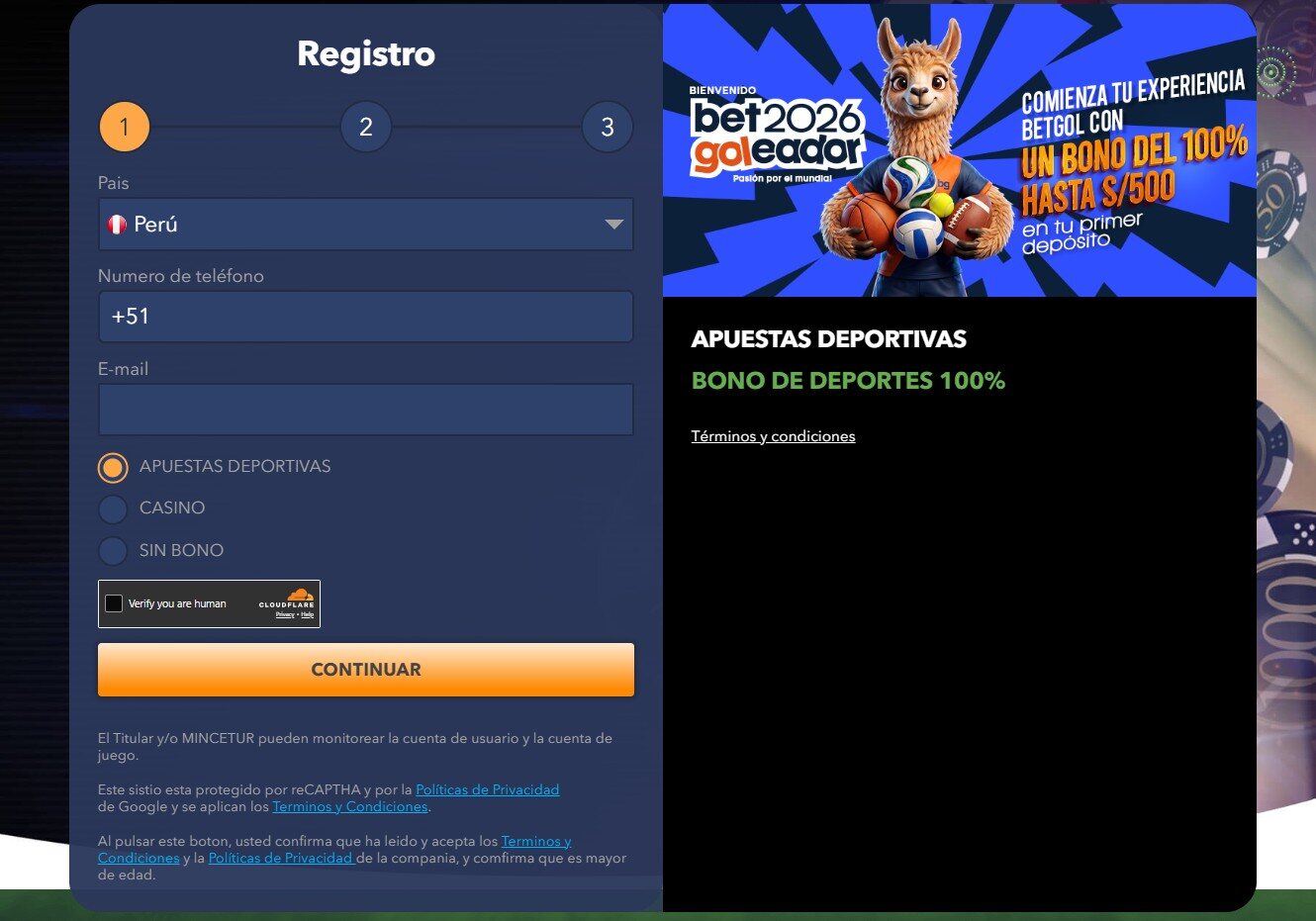 Registro Betgol Perú pc