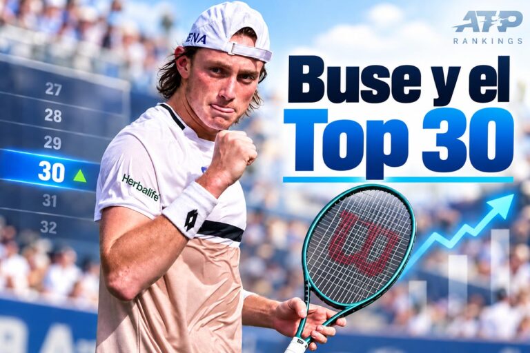 Ignacio Buse con su raqueta junto al ranking ATP y el objetivo del Top 30.